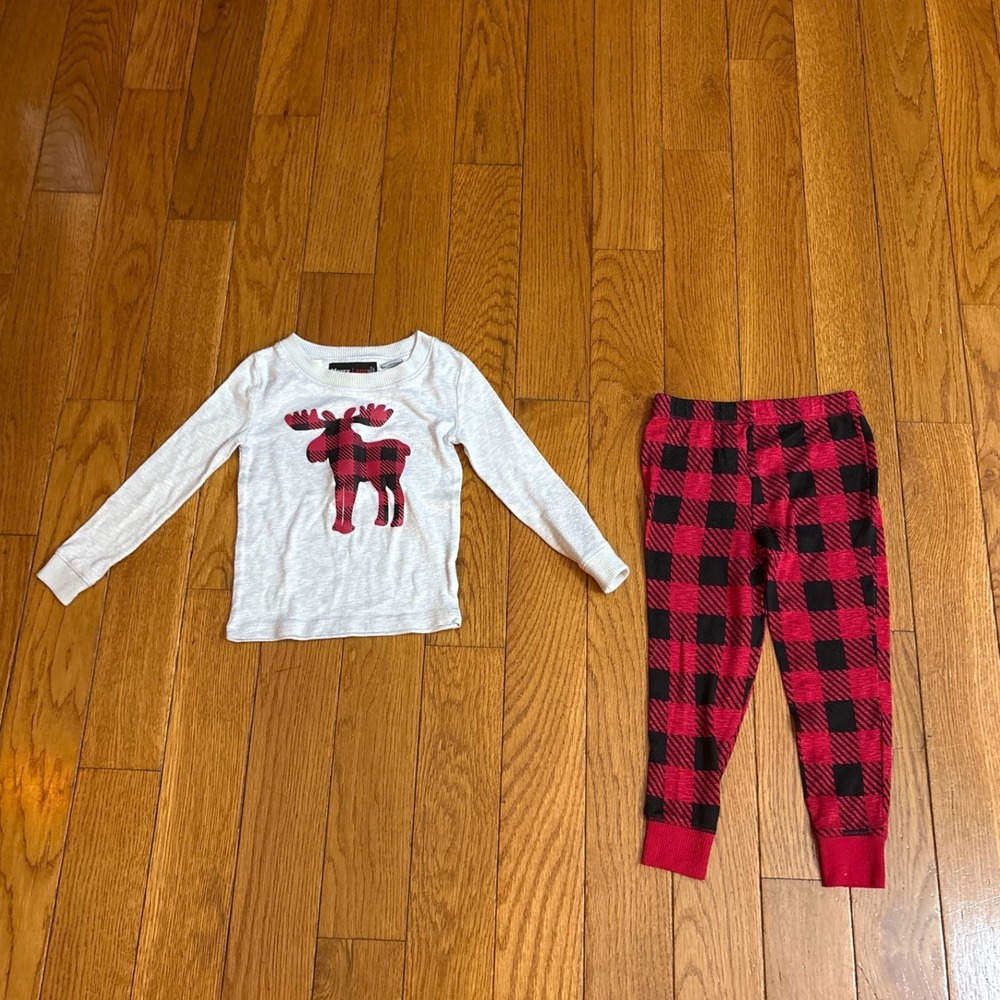 Merry Lane Toddler 3T Buffalo Plaid Moose Pajama Set Red White Black Holiday